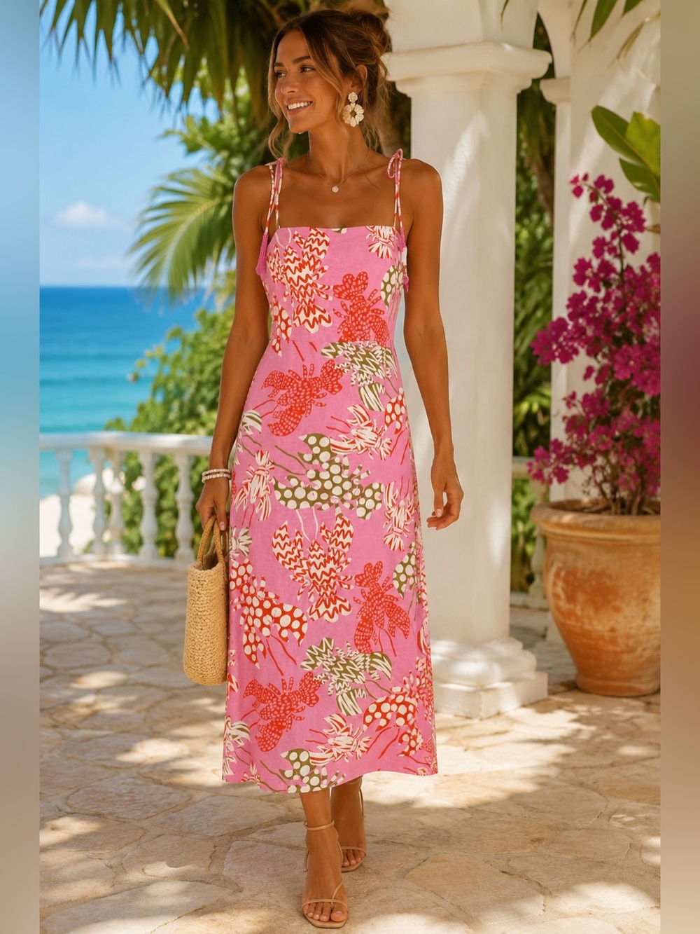 NWT Rachel Zoe Pink Lobster Print Midi Dress Beaded Tassel Tropical Size XS
